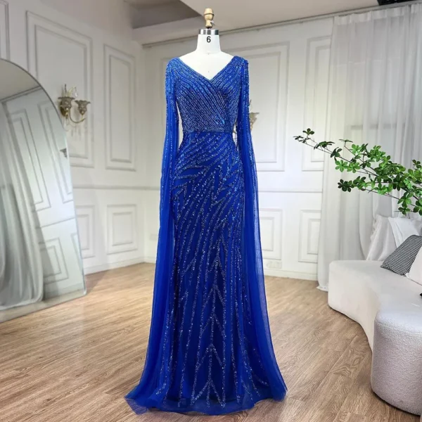 فساتين سهرة  حورية البحر فاخرة مطرزة بأكمام كيب لحفلات الزفاف - Image 6