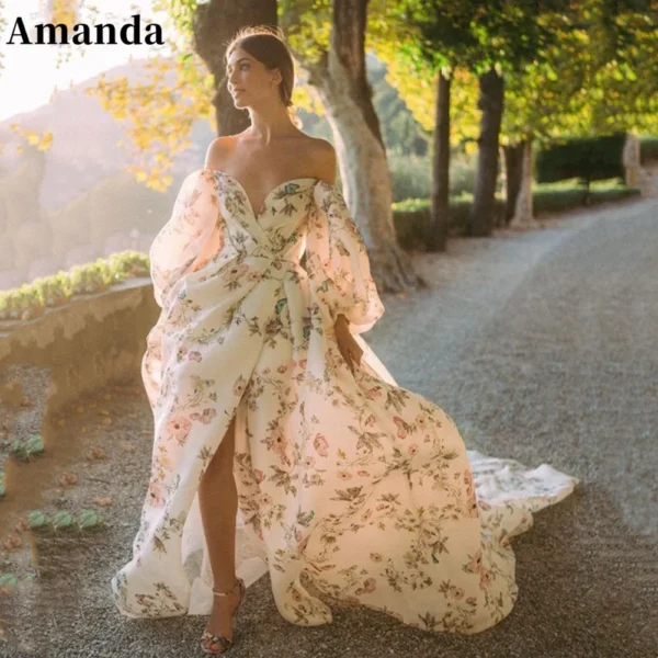 فستان حفلة موسيقية رائع طويل من Vestido De Novia مطبوع على شكل زهرة