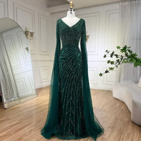 فساتين سهرة  حورية البحر فاخرة مطرزة بأكمام كيب لحفلات الزفاف - Image 4