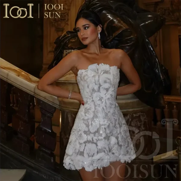 IOOISUN مخصص مثير بريق الدانتيل فستان زفاف قصير المحدبة لامعة فساتين زفاف صغيرة الحدث فساتين الحفلات الرسمية رداء