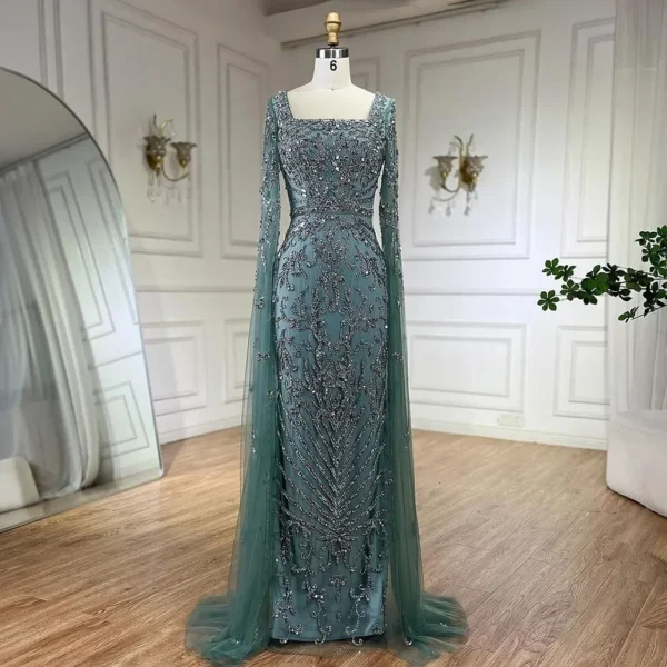 فساتين سهرة بحورية البحر بأكمام كيب مطرزة باللون الفيروزي - Image 3