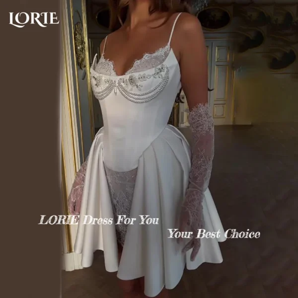 LORIE فستان زفاف قصير أنيق من الدانتيل مزين باللؤلؤ على شكل كرة لامعة على شكل قلب وأشرطة سباغيتي فستان زفاف مخصص فستان عروس - Image 2