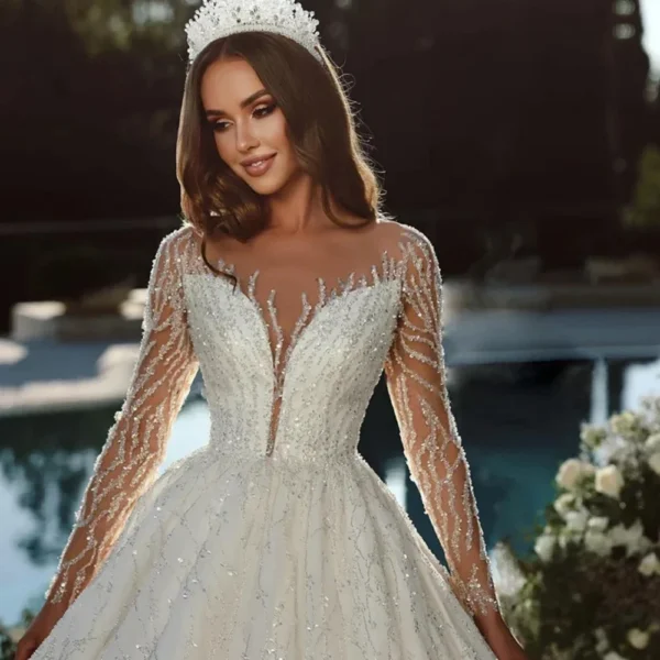 Flavinke فساتين زفاف فاخرة مخصصة  حبة دانتيل ترتر الكرة ثوب كامل الأكمام س الرقبة فستان عروس Vestido De Novia