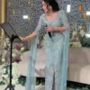 فساتين سهرة بحورية البحر بأكمام كيب مطرزة باللون الفيروزي